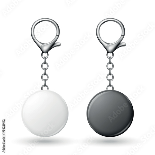 Vector 3d Blank Round Keychain Tag Set, Isolated. White and Black Key Fobs with Silver Chain and Lobster Clasp. Realistic Keyring Accessory Mockup for Branding. Logo and Label Design