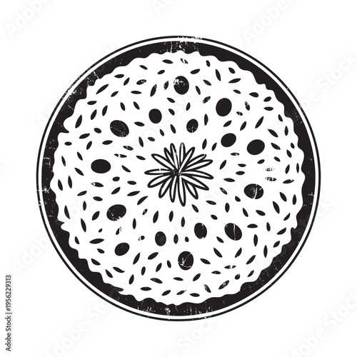 A black and white illustration of a passionfruit slice s internal structure