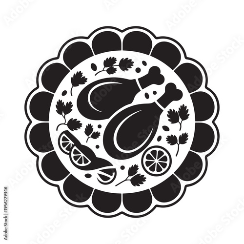 Black and white illustration of a plate with chicken and lemon wedges