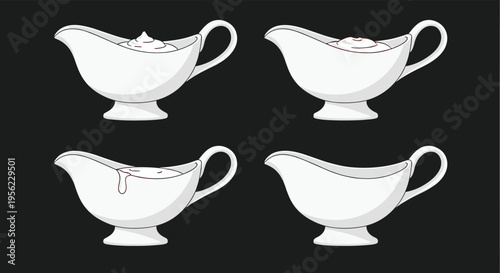 Four white gravy boats on black background with cream and sauce variations representing culinary serving, kitchenware, food presentation, cooking illustration concept