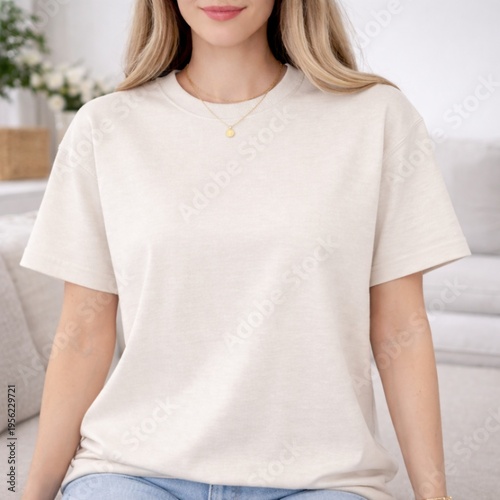 Woman Wearing Beige Plain T-Shirt Mockup, Minimal Casual Fashion Template