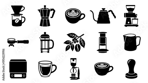 Coffee brewing equipment icons in black silhouette