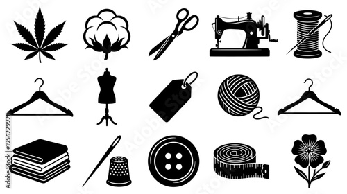 Sewing and crafting flat silhouette icons set