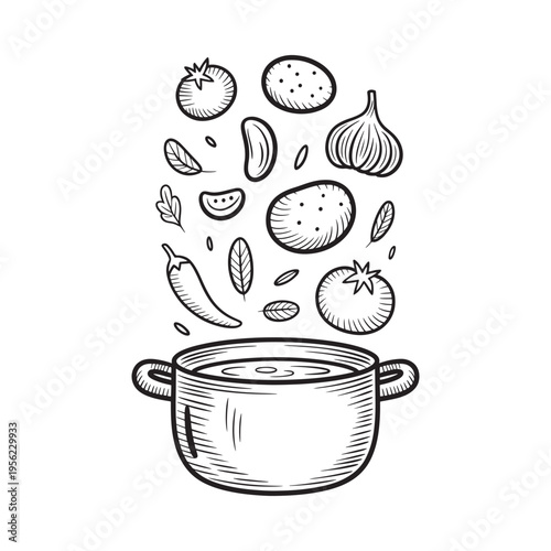Sketch of a cooking pot surrounded by floating vegetables and ingredients