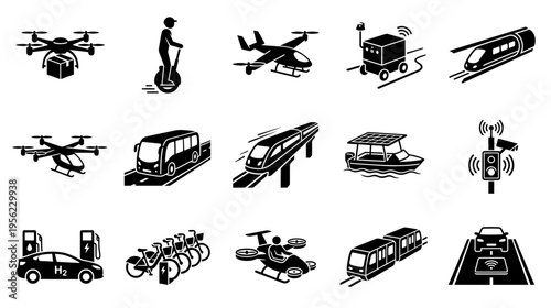Future sustainable transport methods glyph icons