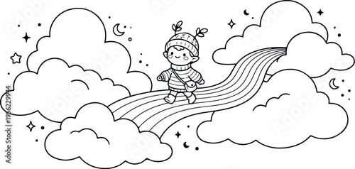 Adobe Illustrator Artwork tiny character walking on rainbow book cover line art.