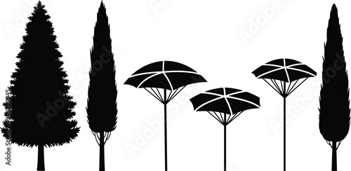 Tree and umbrella silhouette set, garden landscape elements with cypress and pine shapes, decorative vector illustration isolated black white design collection