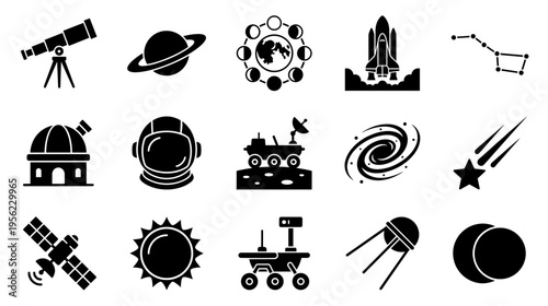 Space exploration icons set in black silhouette
