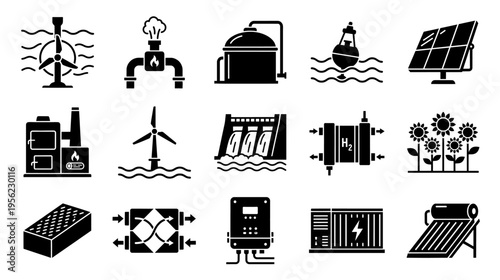 Clean energy resource icons, minimalist silhouette