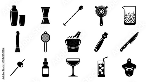 Barware tools and glassware set, flat icons