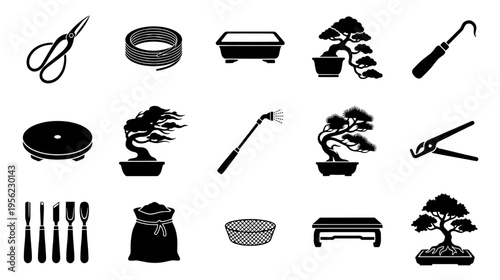 Bonsai gardening tools and supplies icon set