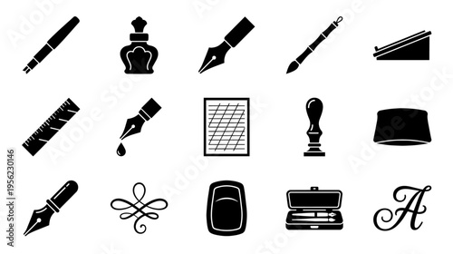 Calligraphy and writing tools silhouette icon set