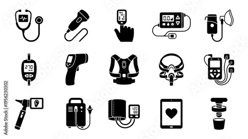 Medical devices and equipment icons silhouettes