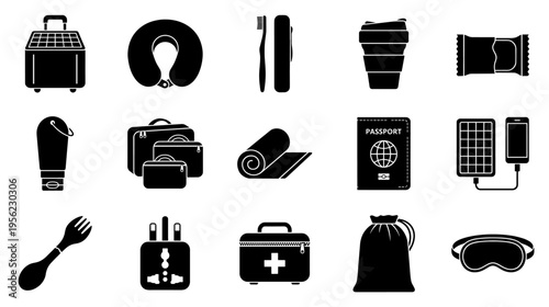 Travel essential monochrome icon set
