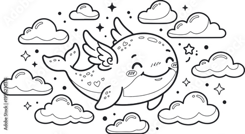 Adobe Illustrator Artwork cute flying whale smiling book cover line art.
