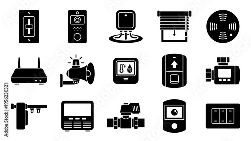 Smart home automation devices, silhouette vector set