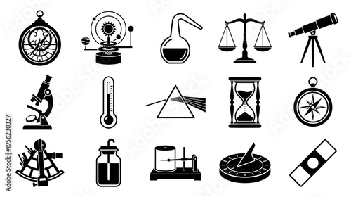 Science equipment silhouette icons on white