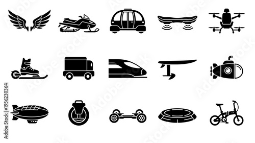 Futuristic transportation modes in minimalist black silhouette