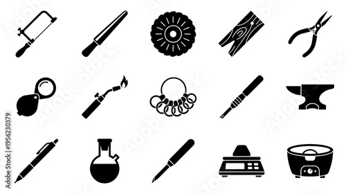 Jeweler tools and equipment icon set