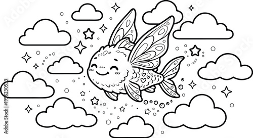 Adobe Illustrator Artwork-tiny flying fish drifting among clouds book cover line art.