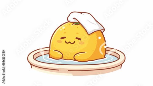 A cartoon orange character relaxes in a warm bath with a towel on its head against a clean white background.