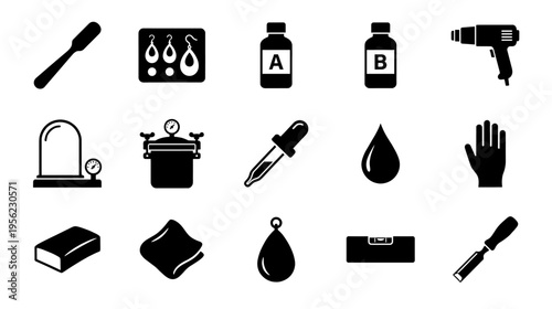 Resin crafting tools and supplies, flat icons