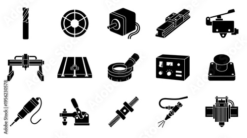 Cnc machine components in black silhouette