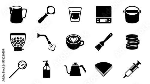 Barista tools and equipment silhouette icons