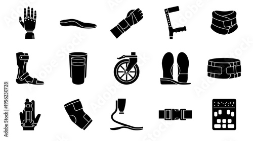 Orthopedic and assistive devices icons black silhouette