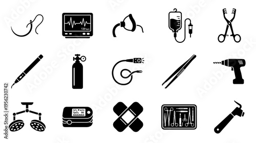 Veterinary surgery and medical tools icon set