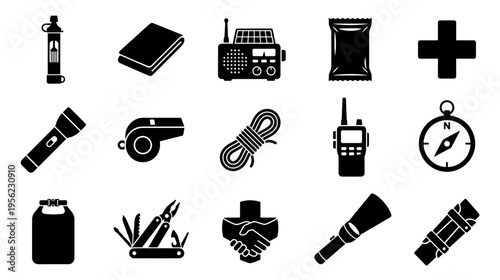 Disaster relief survival gear icon set