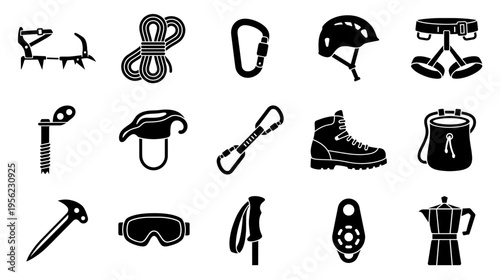 Alpine mountain climbing gear icons silhouette set