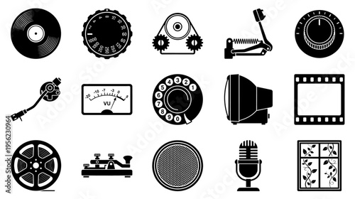 Analog media technology silhouette icons set