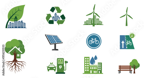 Sustainable city icons for green urban living eco transportation renewable energy and environment conservation