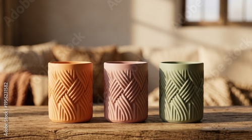 Three ceramic textured cups in pastel orange, pink, and green on a wooden table, ideal for modern home decor or kitchenware branding