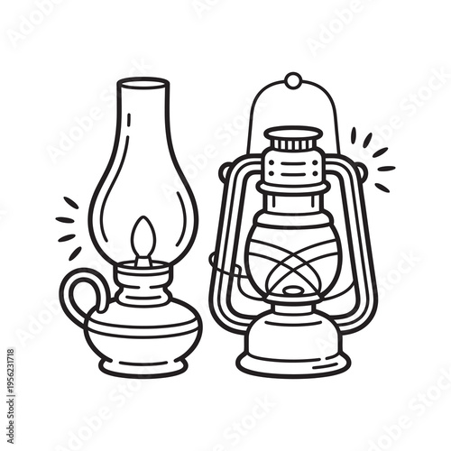 Two vintage lamps side by side, one oil lamp and one lantern, with glow lines.