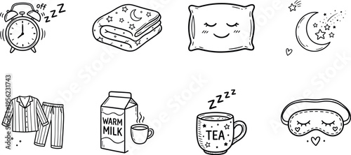 sleep and bedtime routine outline icons set, pillow blanket pajamas alarm clock moon warm milk tea and sleep mask vector illustration isolated on transparent background