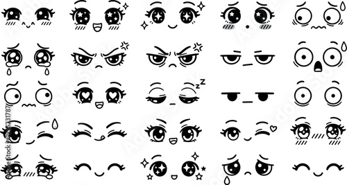 eyes and face cute anime expression icons collection, manga style character emotions with happy sad angry crying sleepy and love eyes vector illustration isolated on transparent background
