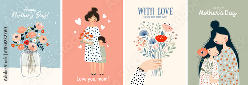 Beautiful trendy set of greeting cards for mothers Day. Stylish flat graphics and original design