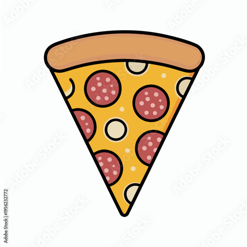 A cartoon slice of pepperoni pizza on a white background