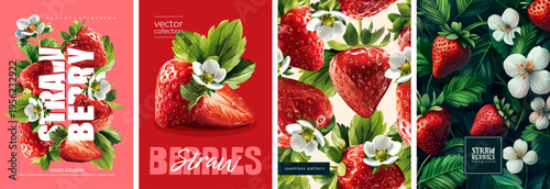 Hand drawn set of designs and patterns. Vectorized gouache illustrations. Illustrations of strawberry with flowers and leaves for poster, prints, menu, card or textile.