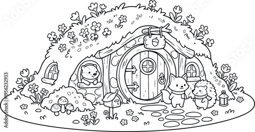 Adobe Illustrator Artwork animal burrow home with round door and grass roof book cover line art. 