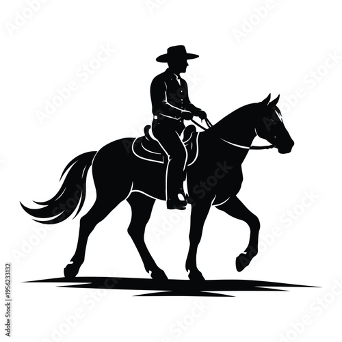 A cowboy rides a horse across a vast landscape in profile view.