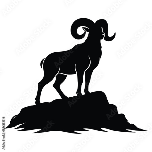 A ram standing on a rocky mountain peak in nature landscape