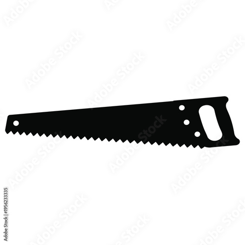 A black silhouette of a handsaw with a handle is shown on a white background.