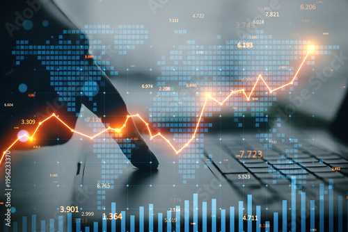 Global financial chart with rising line graph over digital world map background showing market growth and economic analysis concept.
