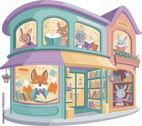 Adobe Illustrator Artwork  bookshop with open books and cozy window display book cover clip art.