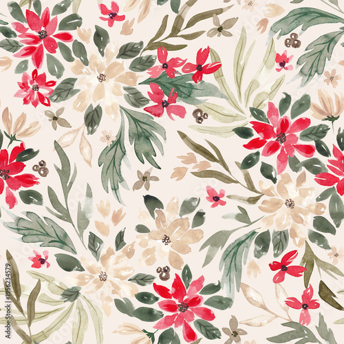 Watercolor floral seamless pattern. Hand painted flowers repeat tile. Abstract blossom surface pattern. Summer flowers. White, red, green floral background