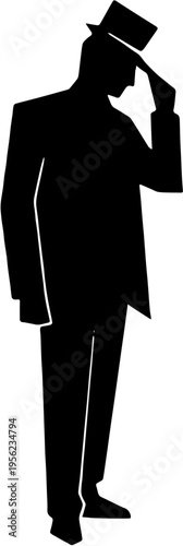 Siluet Pria Elegan Mengenakan Setelan Jas Formal dan Topi Tinggi (Top Hat) Bergaya Retro