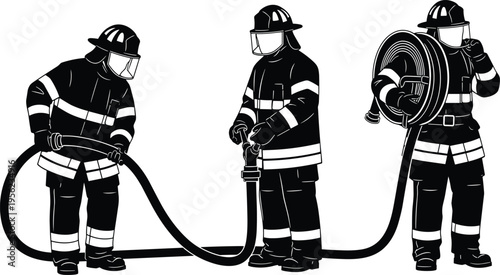 Firefighter silhouette illustrations, emergency response teamwork artwork, protective gear design, black white figure set, safety stylized collection